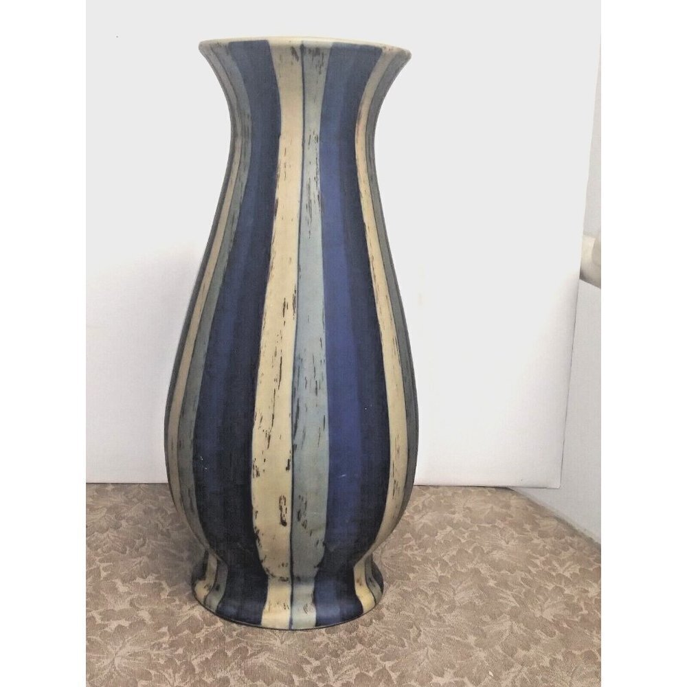 Vintage striped Glass Vase blue ivory vertical stripes heathered distressed flaw